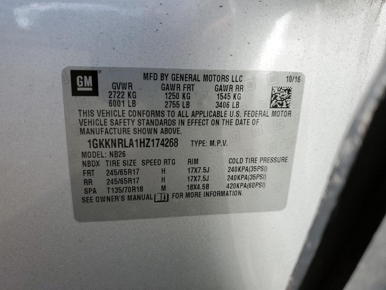 2017 GMC Acadia Sle VIN: 1GKKNRLA1HZ174268 Lot: 63876264