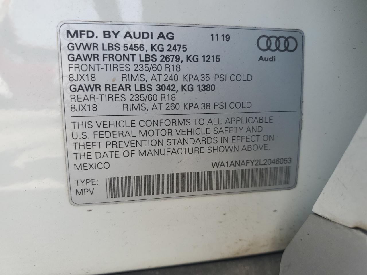 WA1ANAFY2L2046053 2020 Audi Q5 Premium