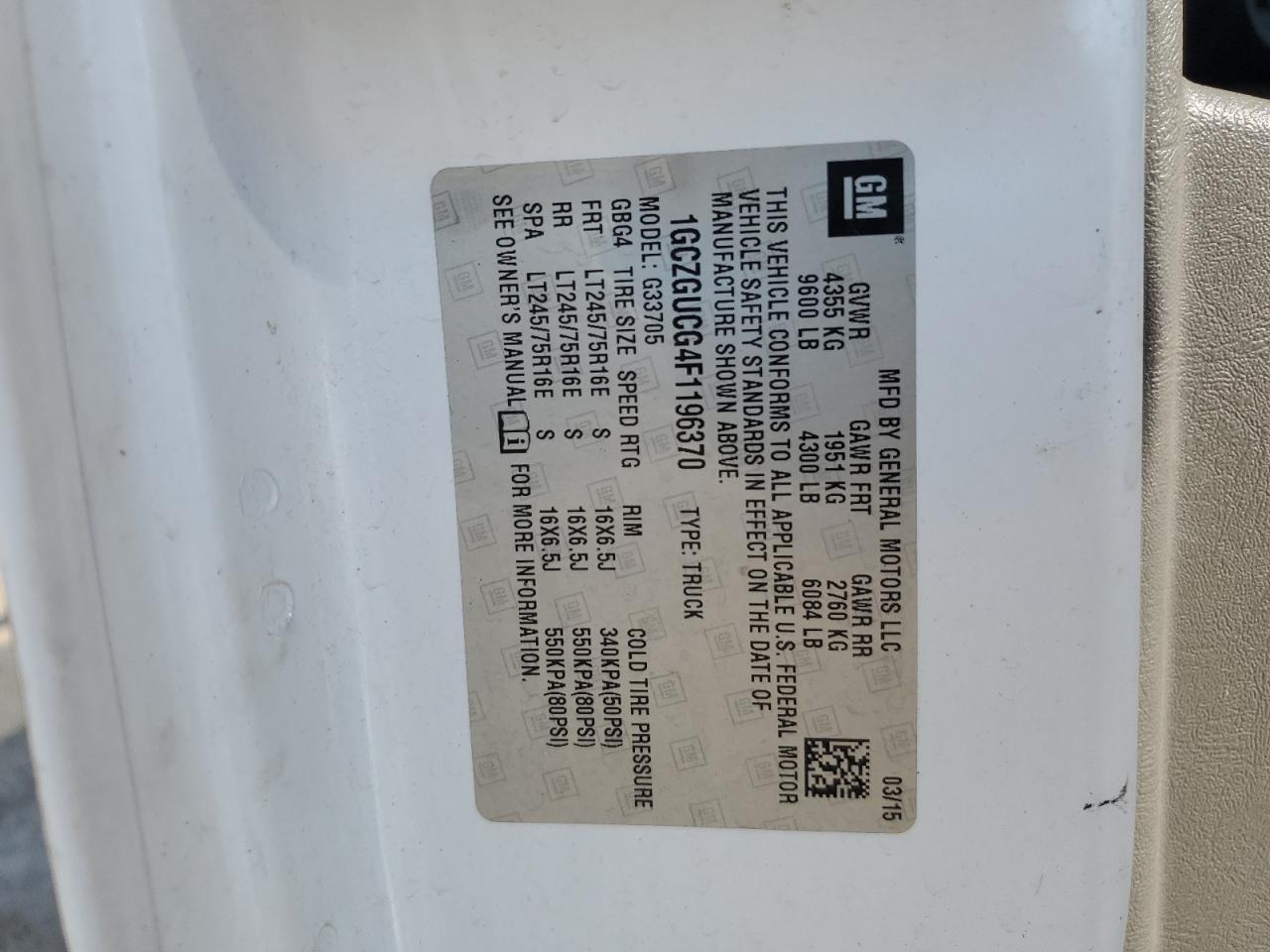 2015 Chevrolet Express G3500 VIN: 1GCZGUCG4F1196370 Lot: 63873634