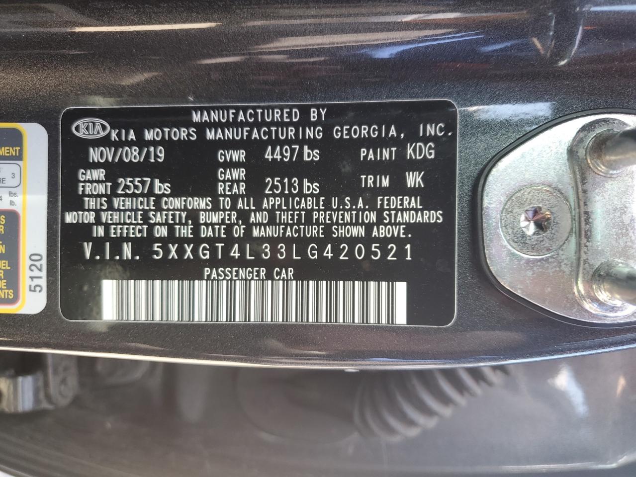 5XXGT4L33LG420521 2020 Kia Optima Lx