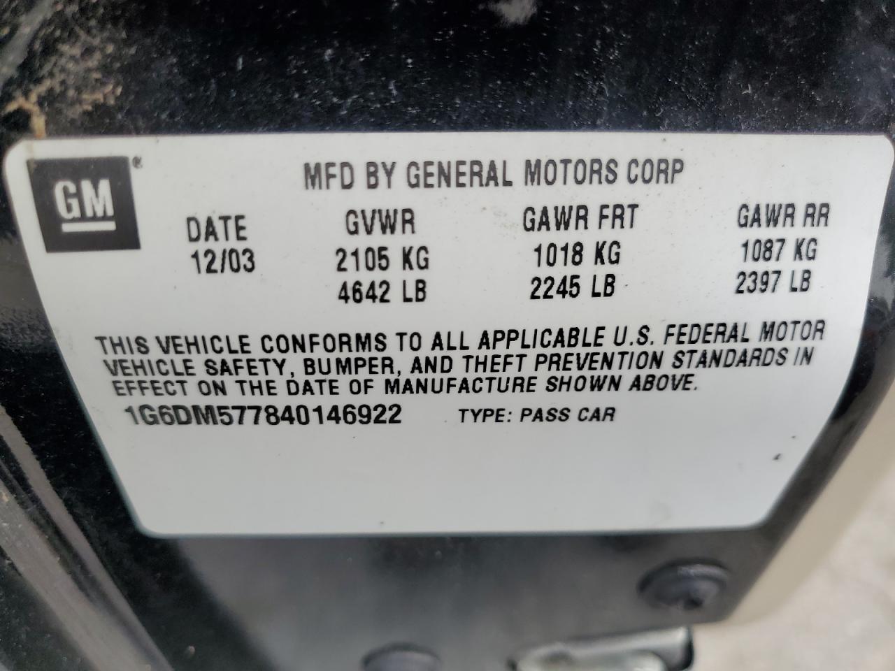 2004 Cadillac Cts VIN: 1G6DM577840146922 Lot: 64651844