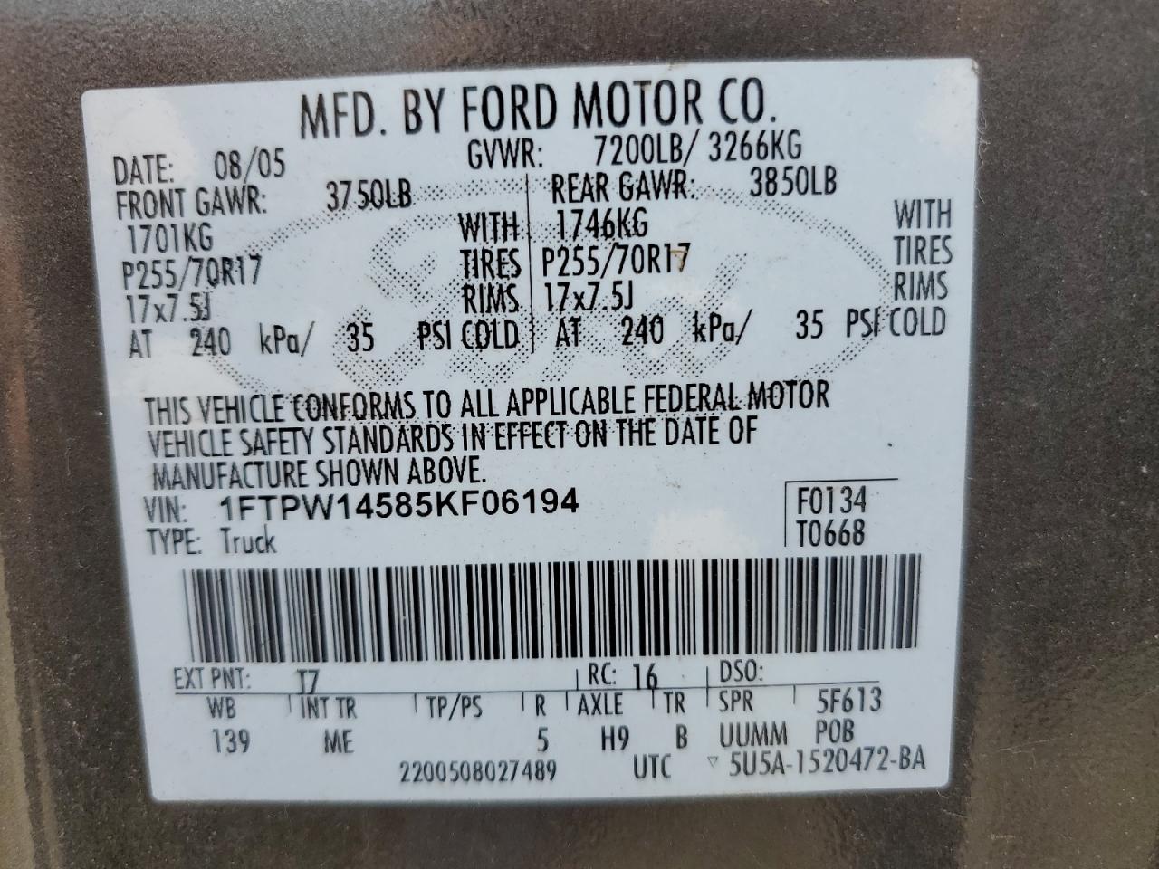 2005 Ford F150 Supercrew VIN: 1FTPW14585KF06194 Lot: 64108254