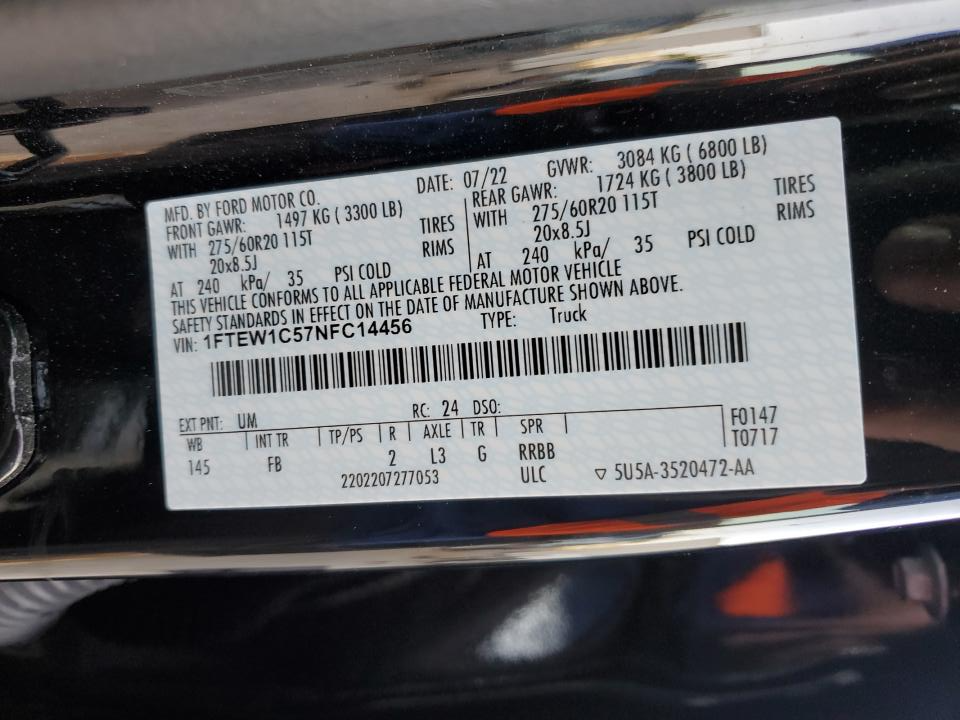 1FTEW1C57NFC14456 2022 Ford F150 Supercrew