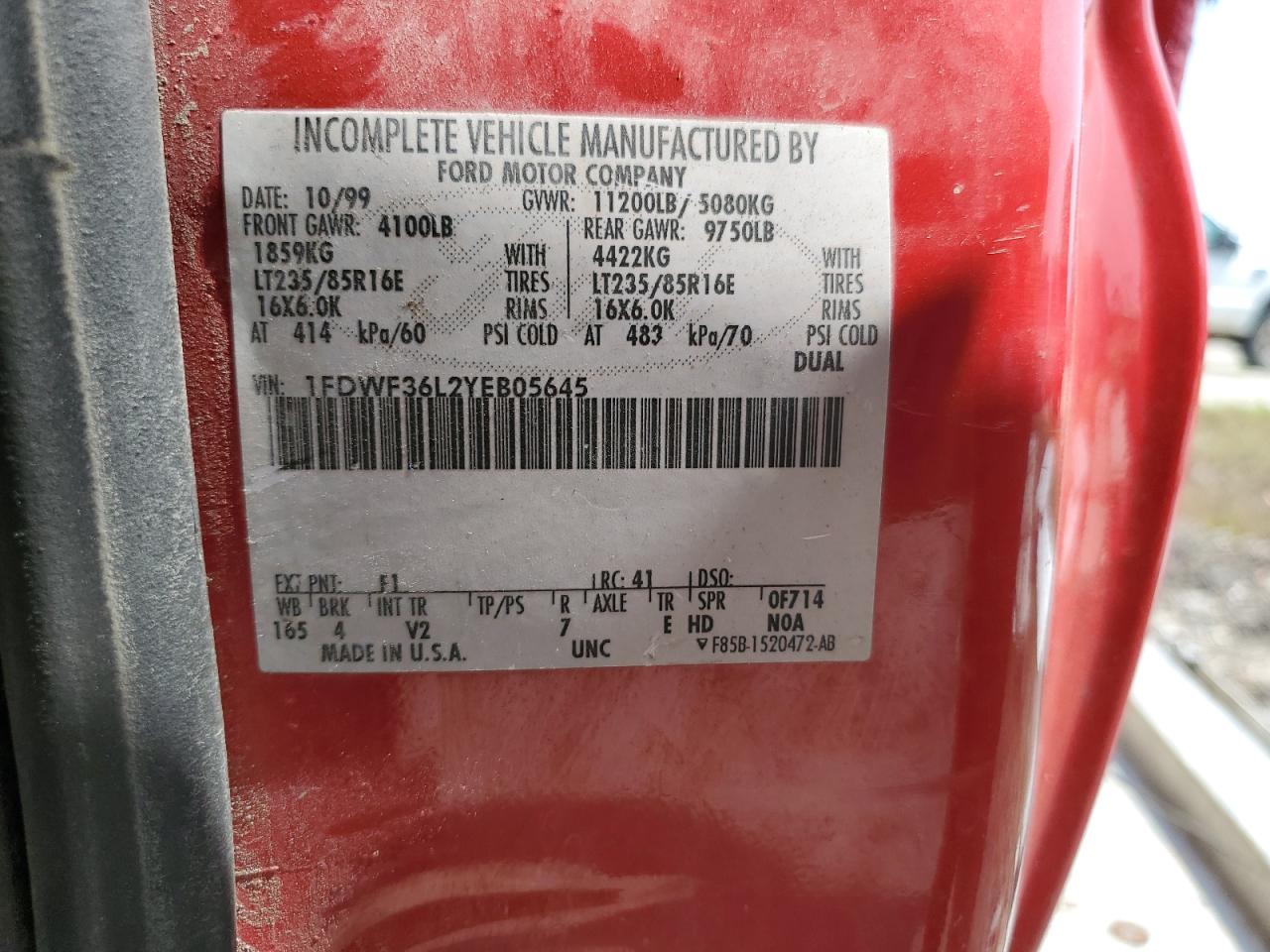 2000 Ford F350 Super Duty VIN: 1FDWF36L2YEB05645 Lot: 64504804