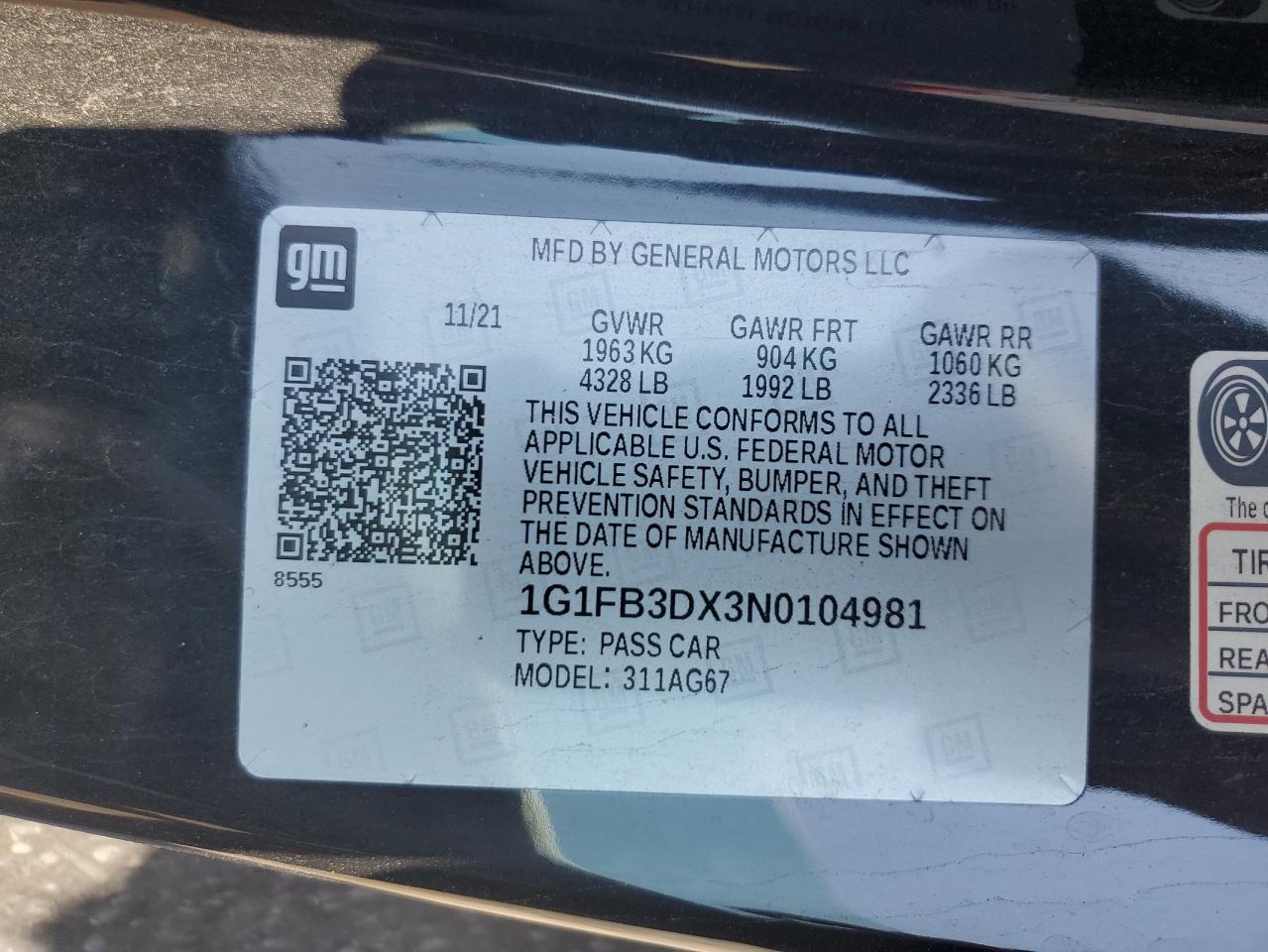 2022 Chevrolet Camaro Ls VIN: 1G1FB3DX3N0104981 Lot: 64301514