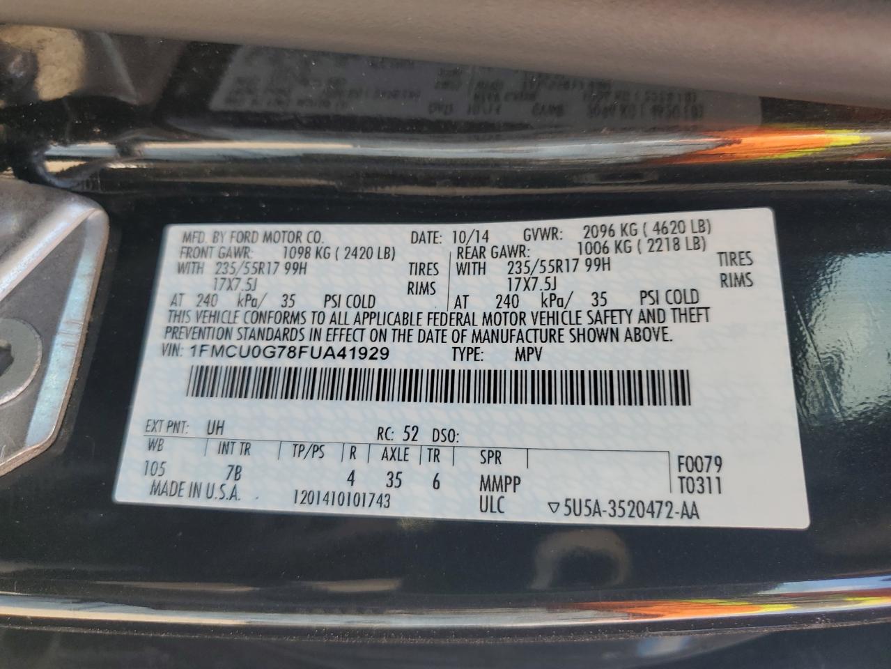 1FMCU0G78FUA41929 2015 Ford Escape Se