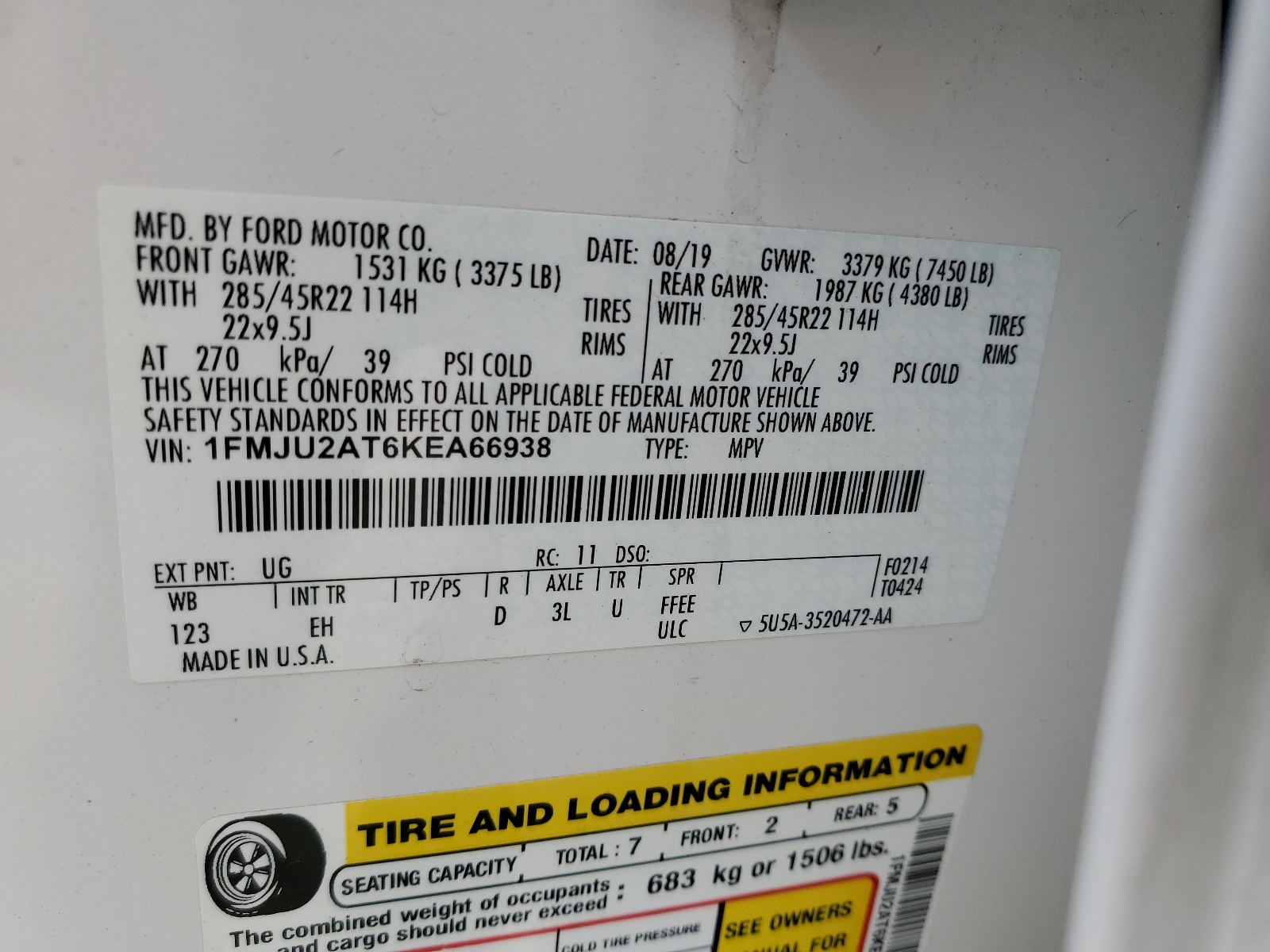 1FMJU2AT6KEA66938 2019 Ford Expedition Limited