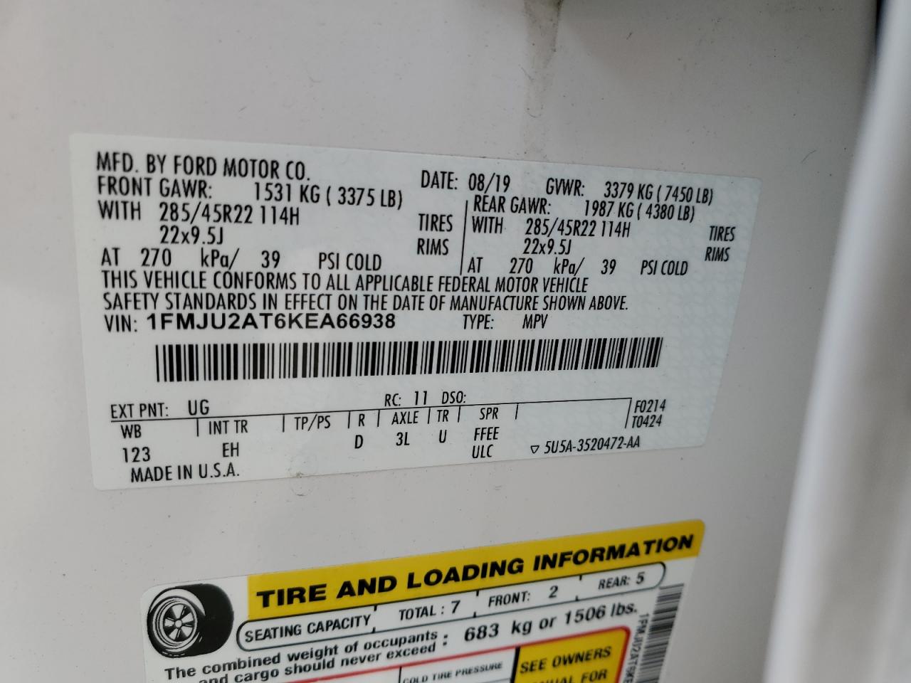 2019 Ford Expedition Limited VIN: 1FMJU2AT6KEA66938 Lot: 63481604