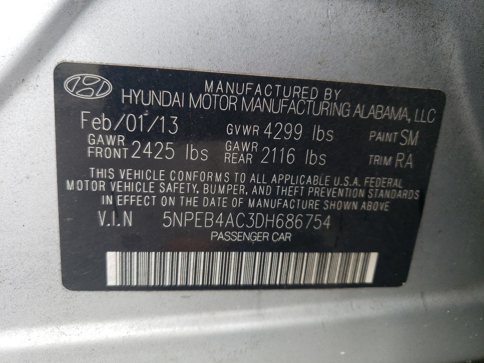 5NPEB4AC3DH686754 2013 Hyundai Sonata Gls