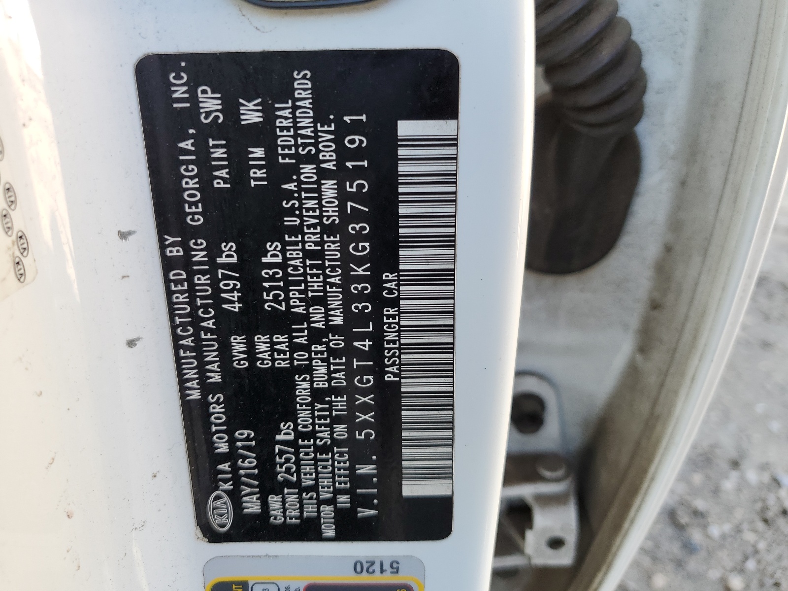 5XXGT4L33KG375191 2019 Kia Optima Lx