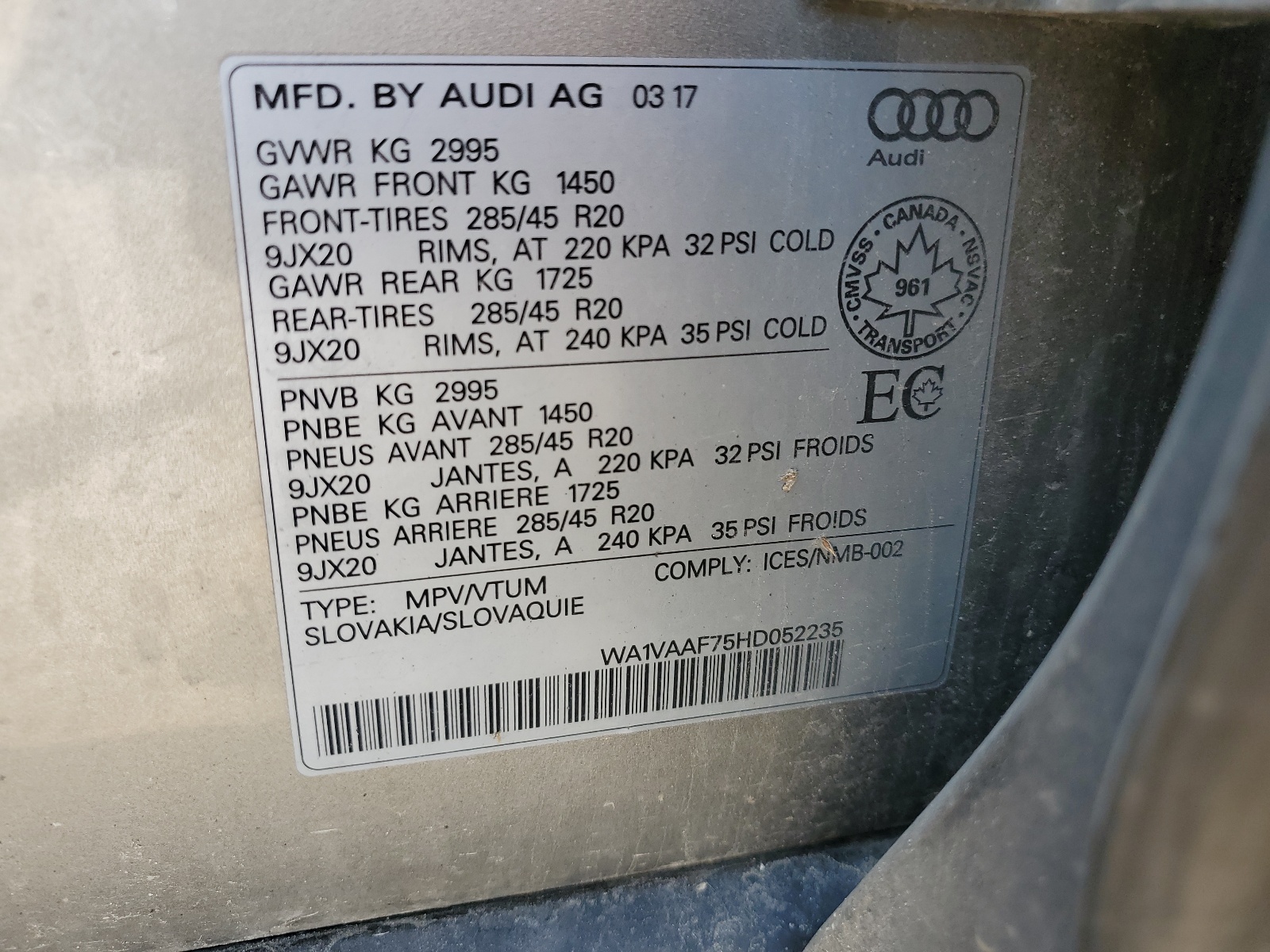 WA1VAAF75HD052235 2017 Audi Q7 Prestige