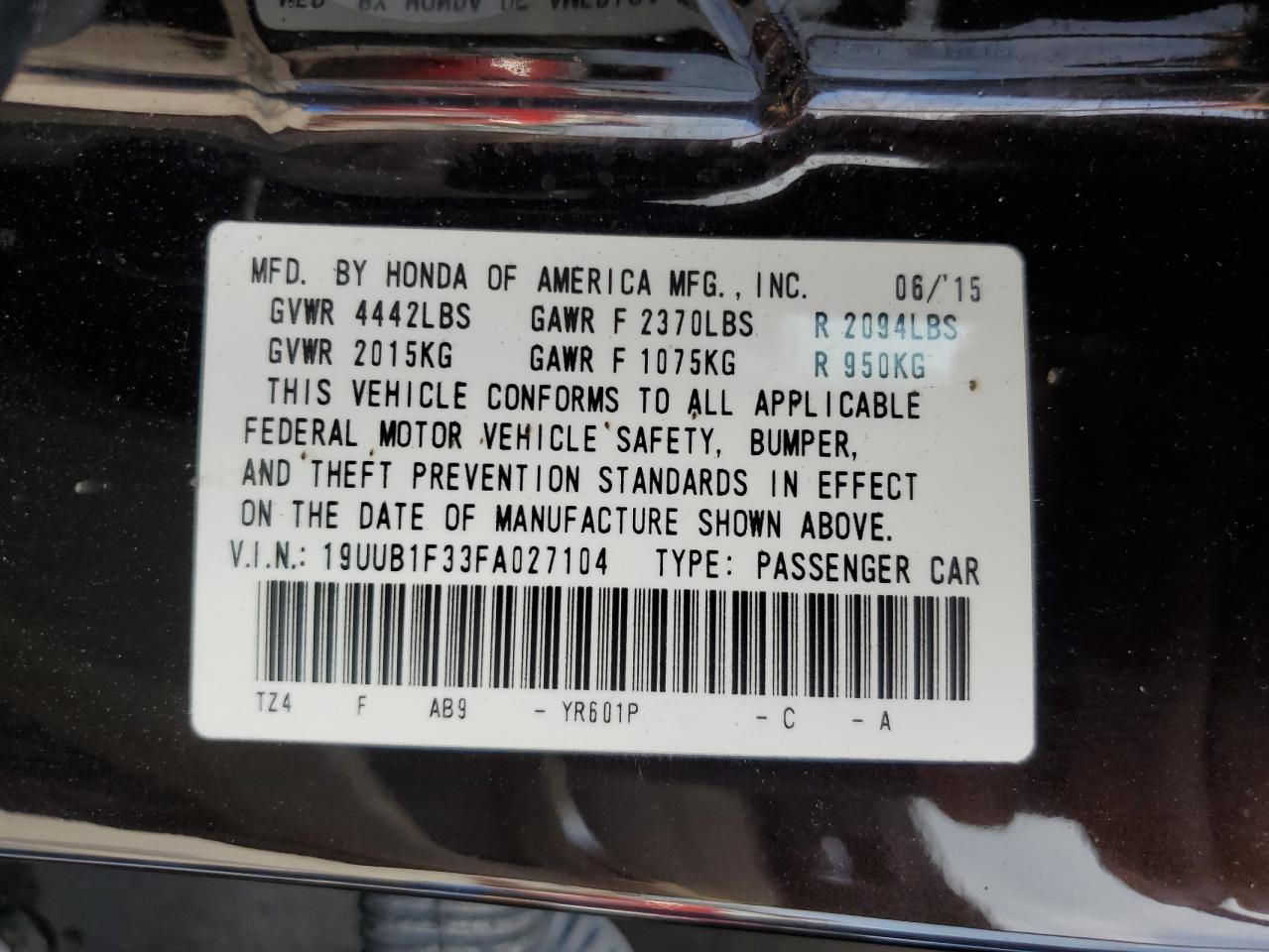 2015 Acura Tlx VIN: 19UUB1F33FA027104 Lot: 60101954