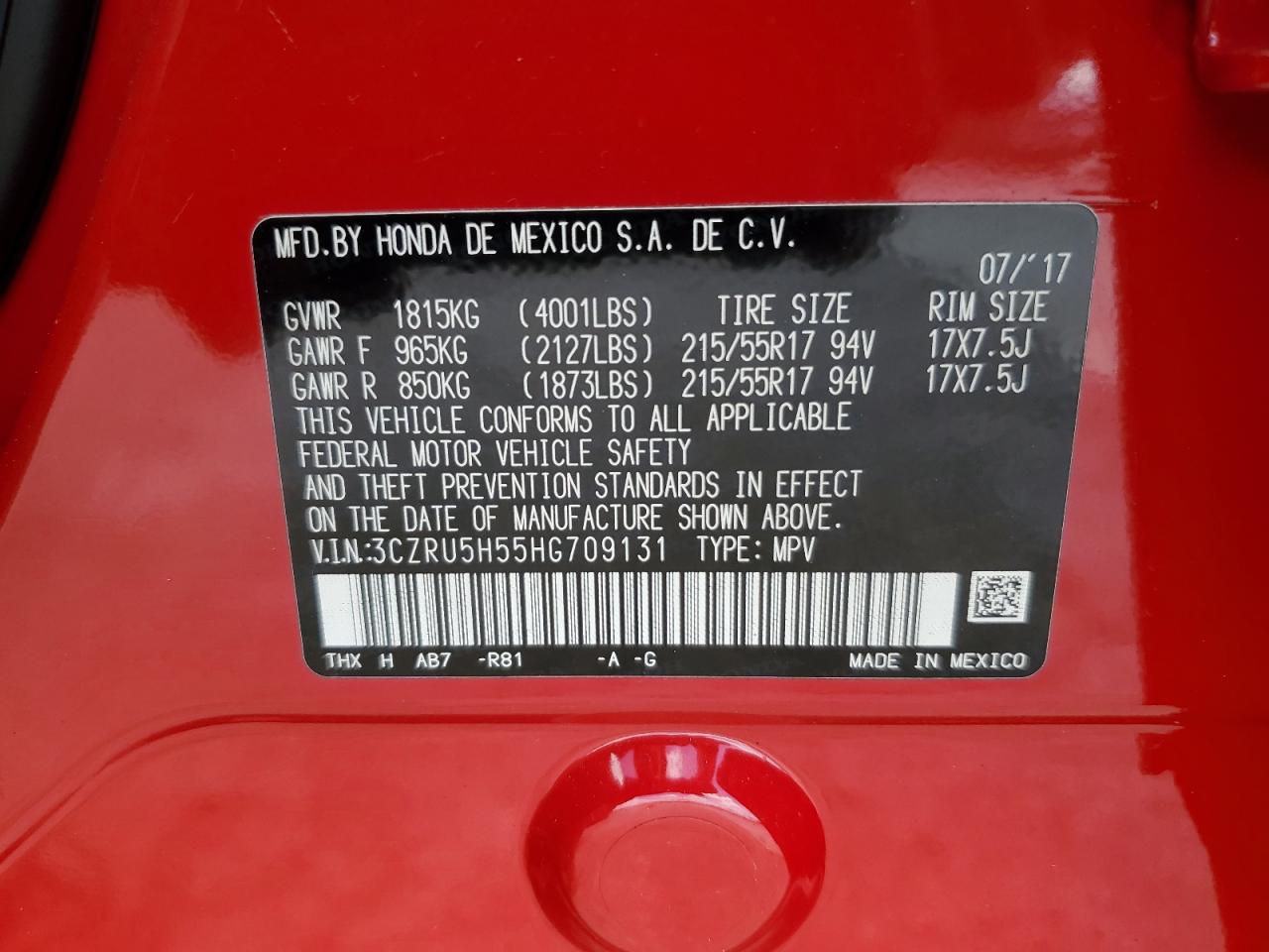 2017 Honda Hr-V Ex VIN: 3CZRU5H55HG709131 Lot: 65153144