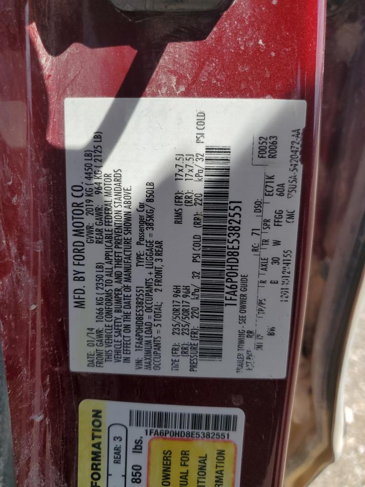 2014 Ford Fusion Se VIN: 1FA6P0HD8E5382551 Lot: 62518894