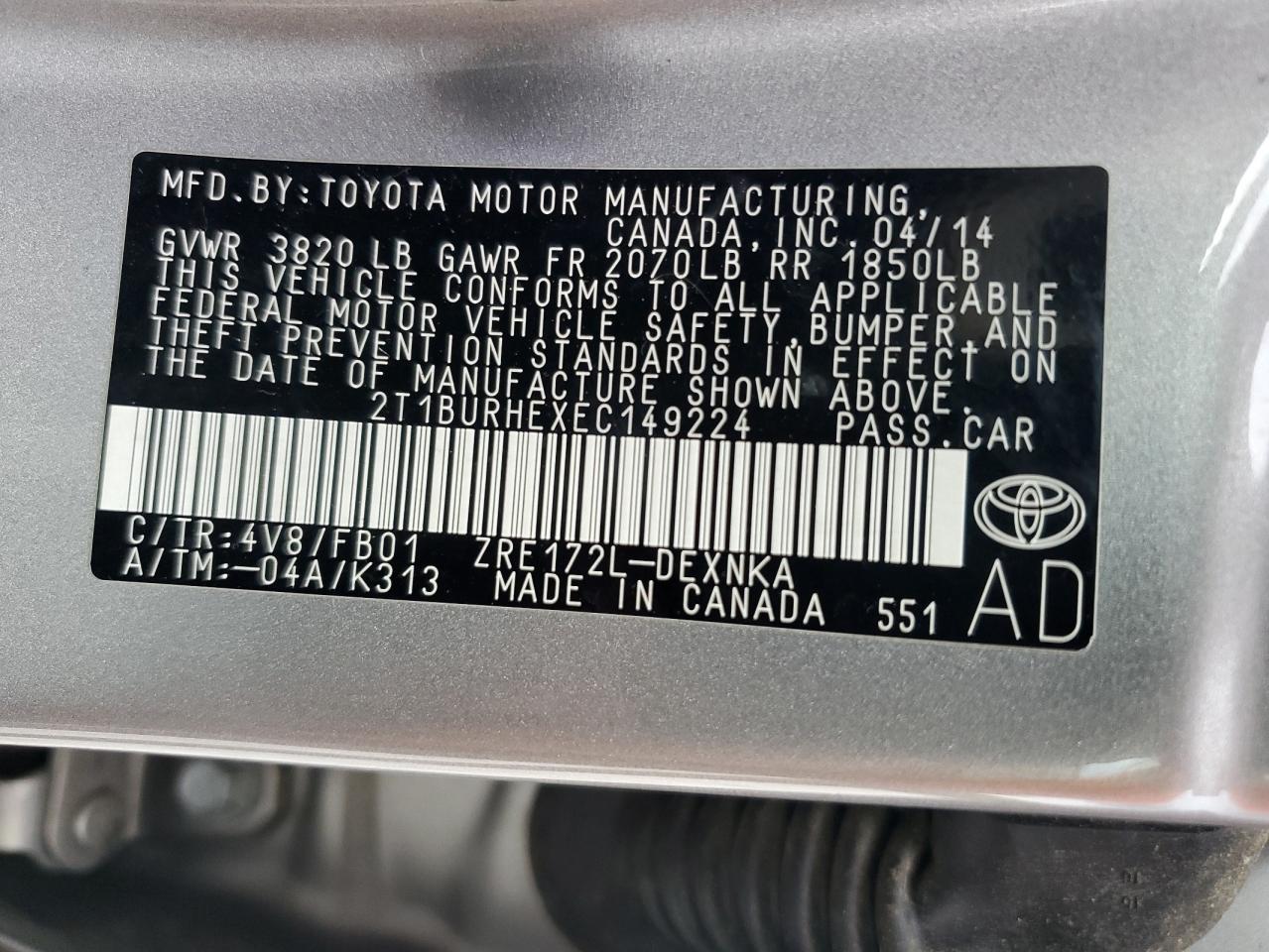 2T1BURHEXEC149224 2014 Toyota Corolla L