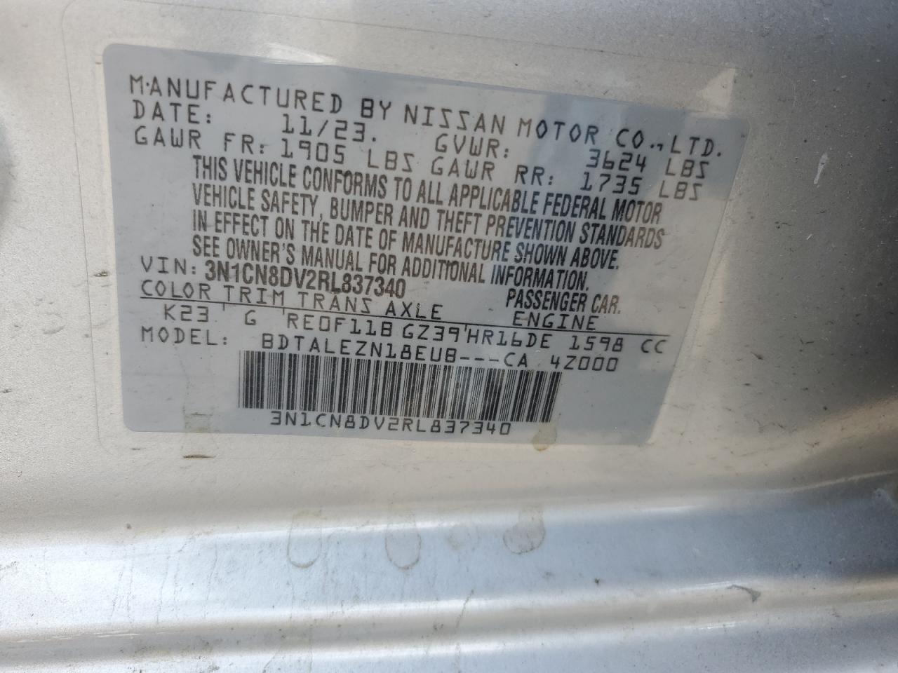 3N1CN8DV2RL837340 2024 Nissan Versa S