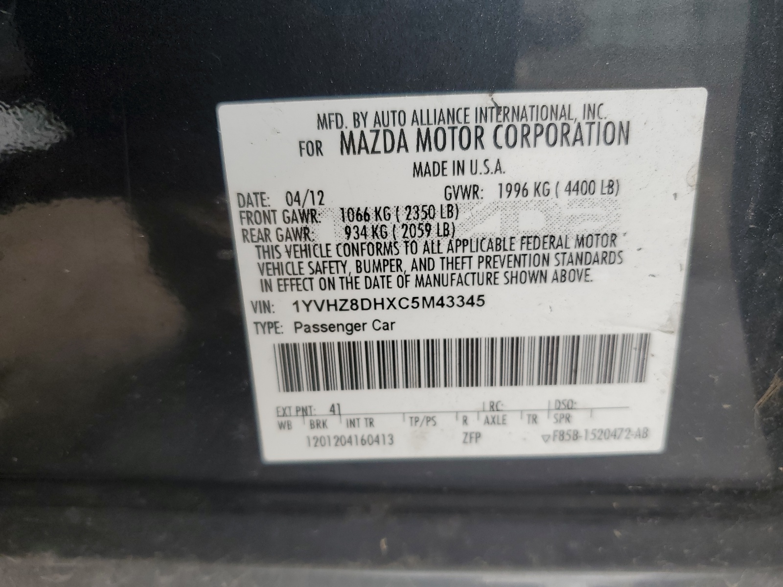 1YVHZ8DHXC5M43345 2012 Mazda 6 I