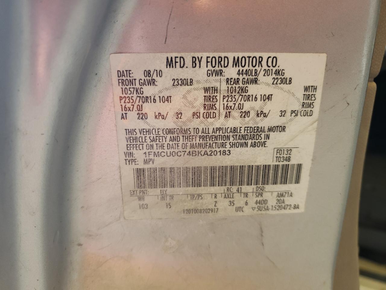 2011 Ford Escape Xls VIN: 1FMCU0C74BKA20183 Lot: 63215084