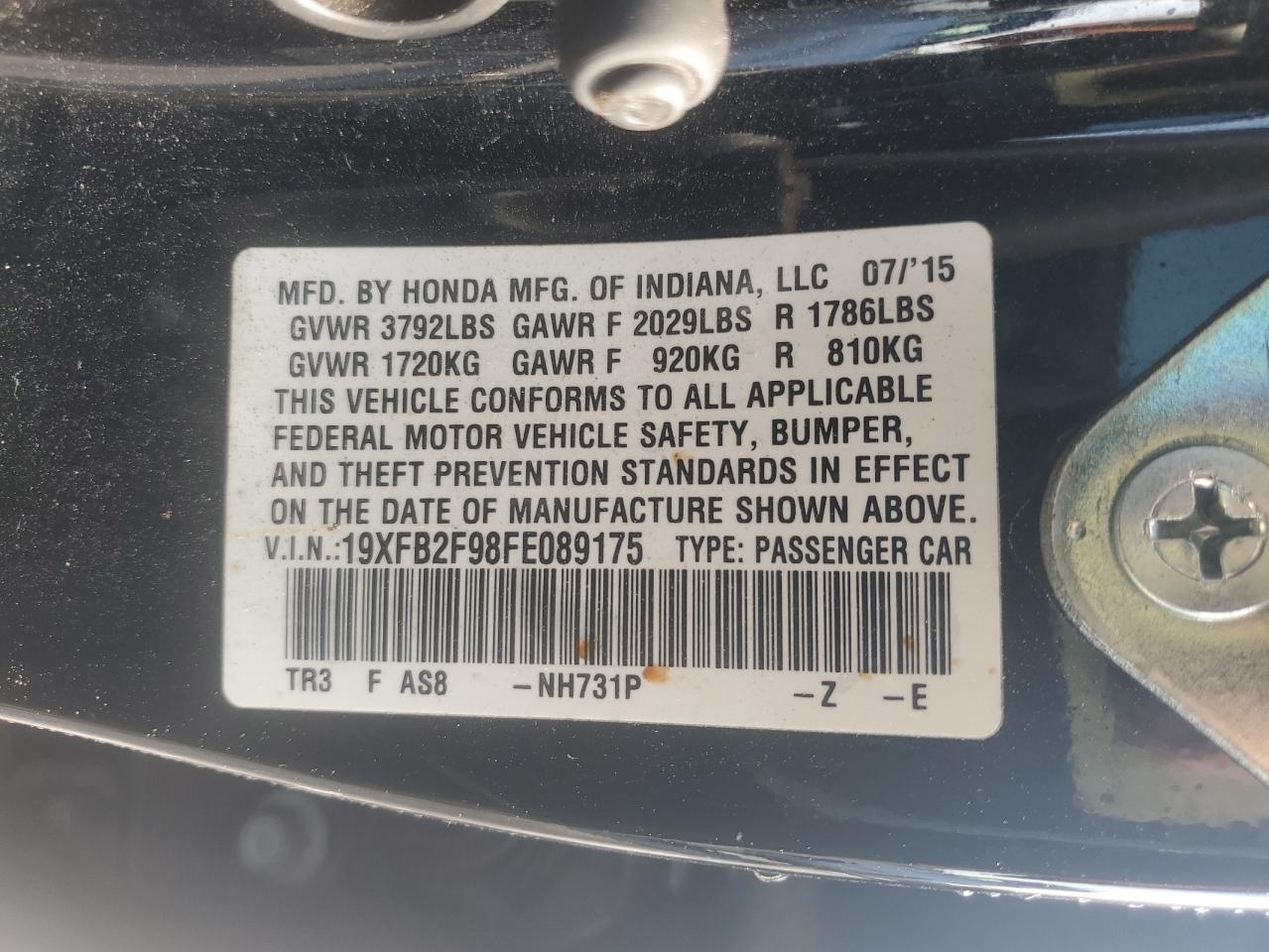 19XFB2F98FE089175 2015 Honda Civic Exl