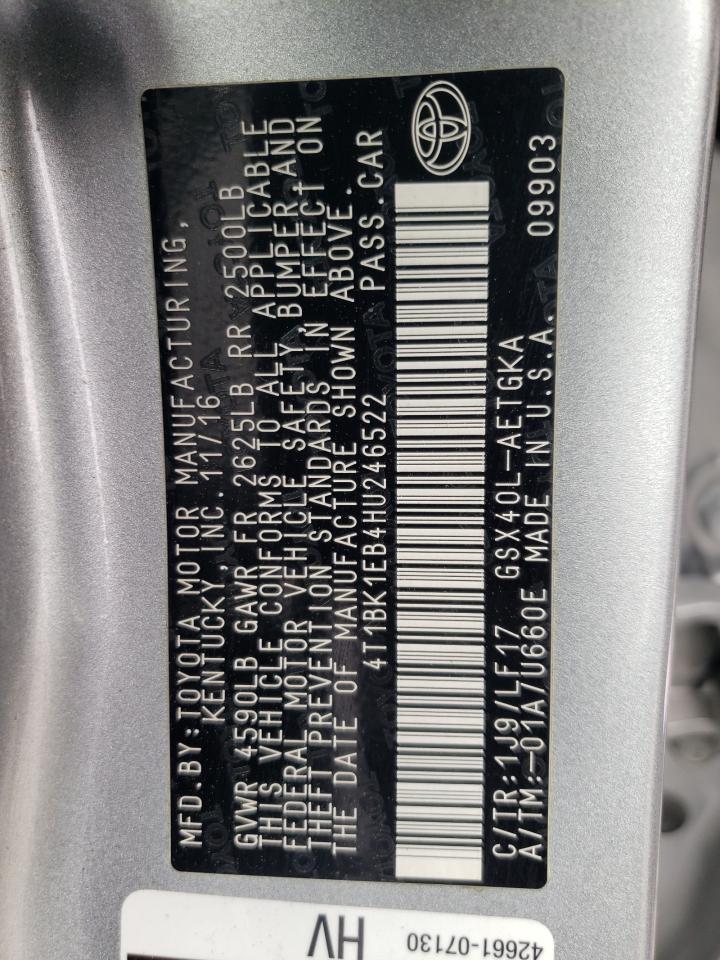 2017 Toyota Avalon Xle VIN: 4T1BK1EB4HU246522 Lot: 61569614