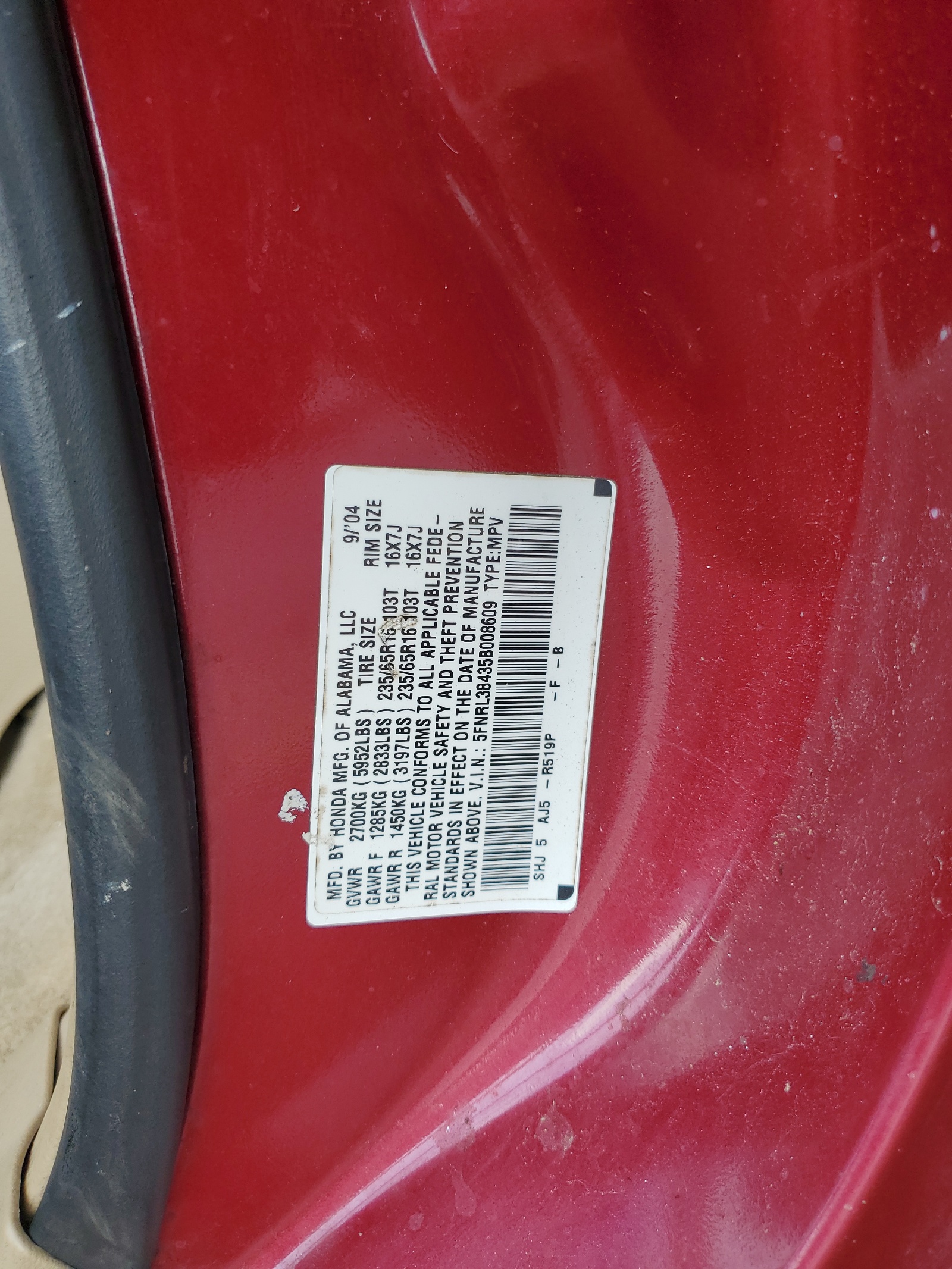 5FNRL38435B008609 2005 Honda Odyssey Ex