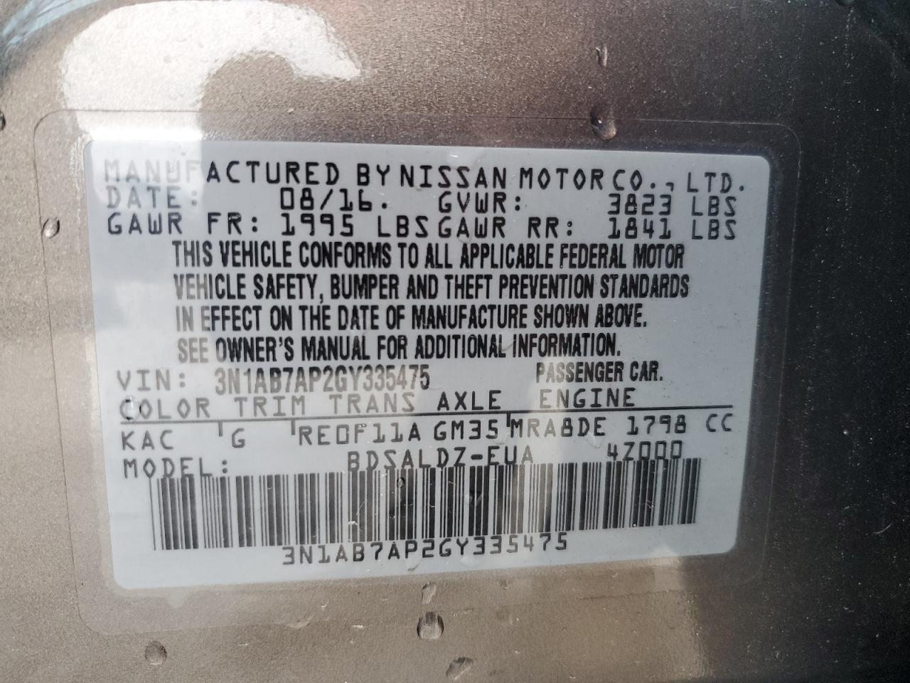 3N1AB7AP2GY335475 2016 Nissan Sentra S