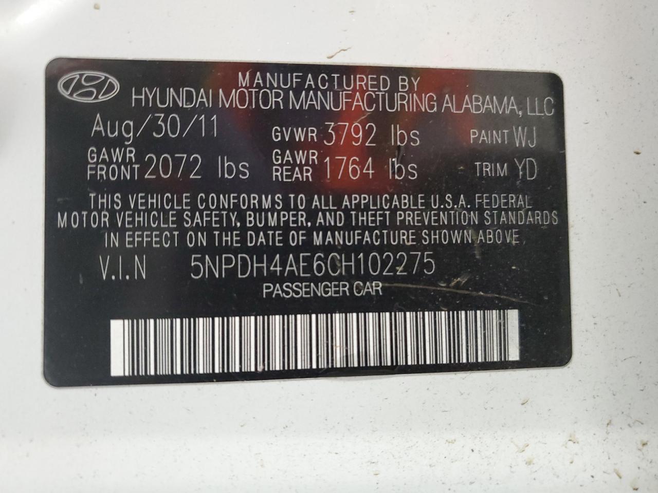 2012 Hyundai Elantra Gls VIN: 5NPDH4AE6CH102275 Lot: 65162734