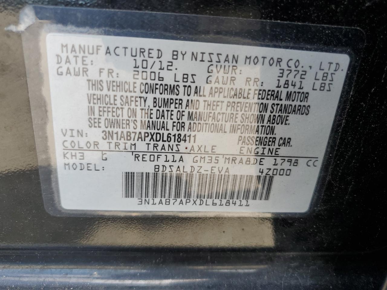 2013 Nissan Sentra S VIN: 3N1AB7APXDL618411 Lot: 62213334