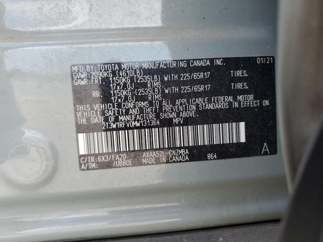 2021 Toyota Rav4 Xle VIN: 2T3W1RFV0MW131364 Lot: 61610874