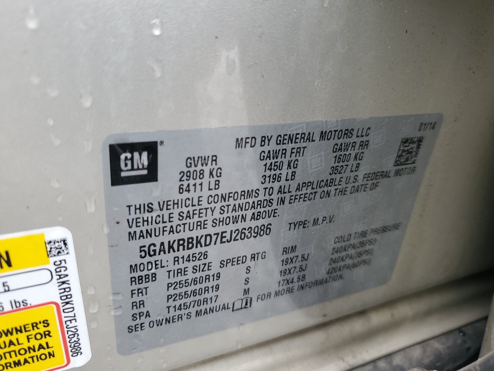 5GAKRBKD7EJ263986 2014 Buick Enclave