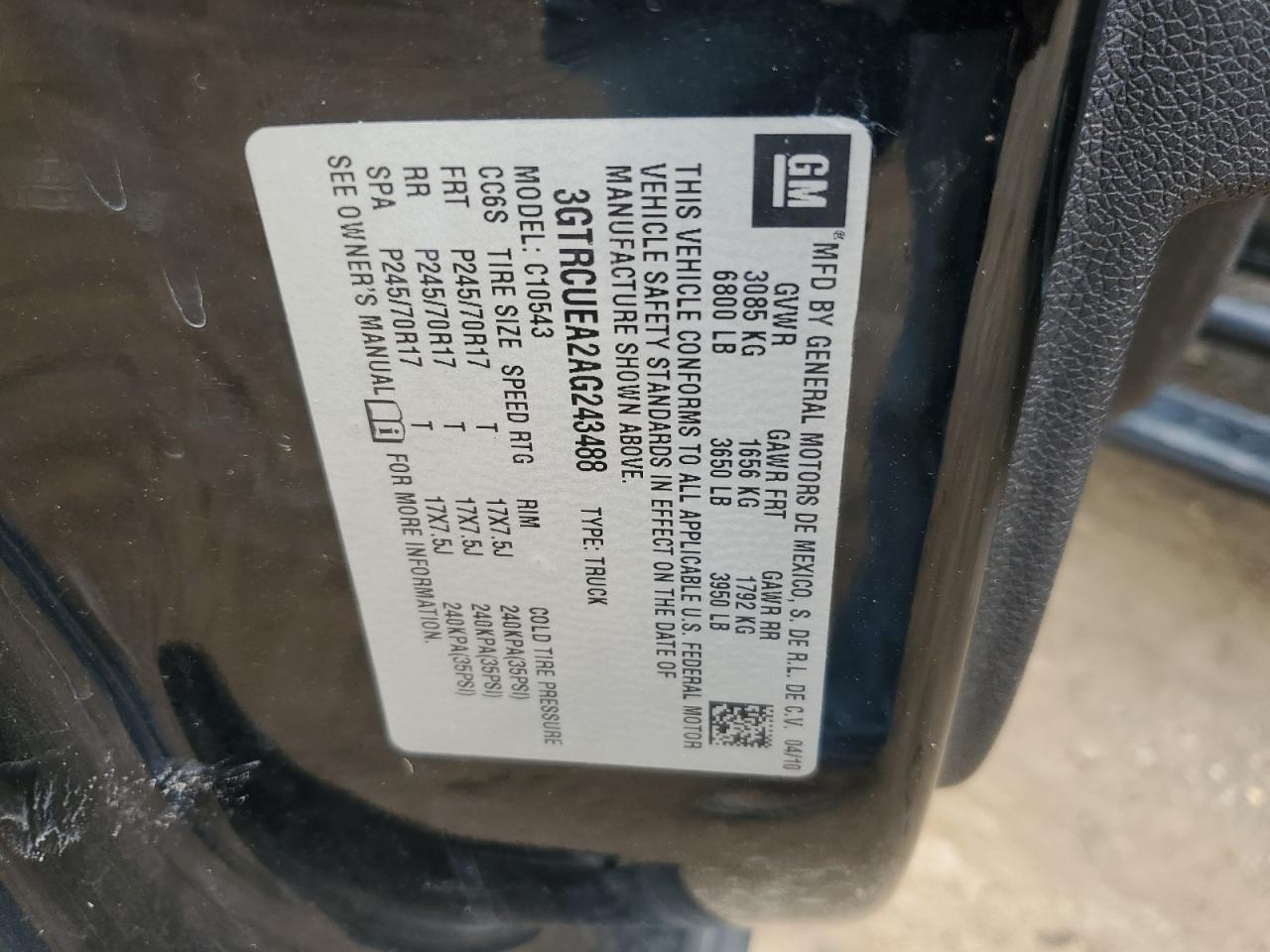 2010 GMC Sierra C1500 Sl VIN: 3GTRCUEA2AG243488 Lot: 63221854