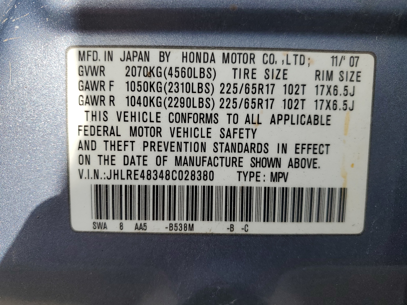JHLRE48348C028380 2008 Honda Cr-V Lx