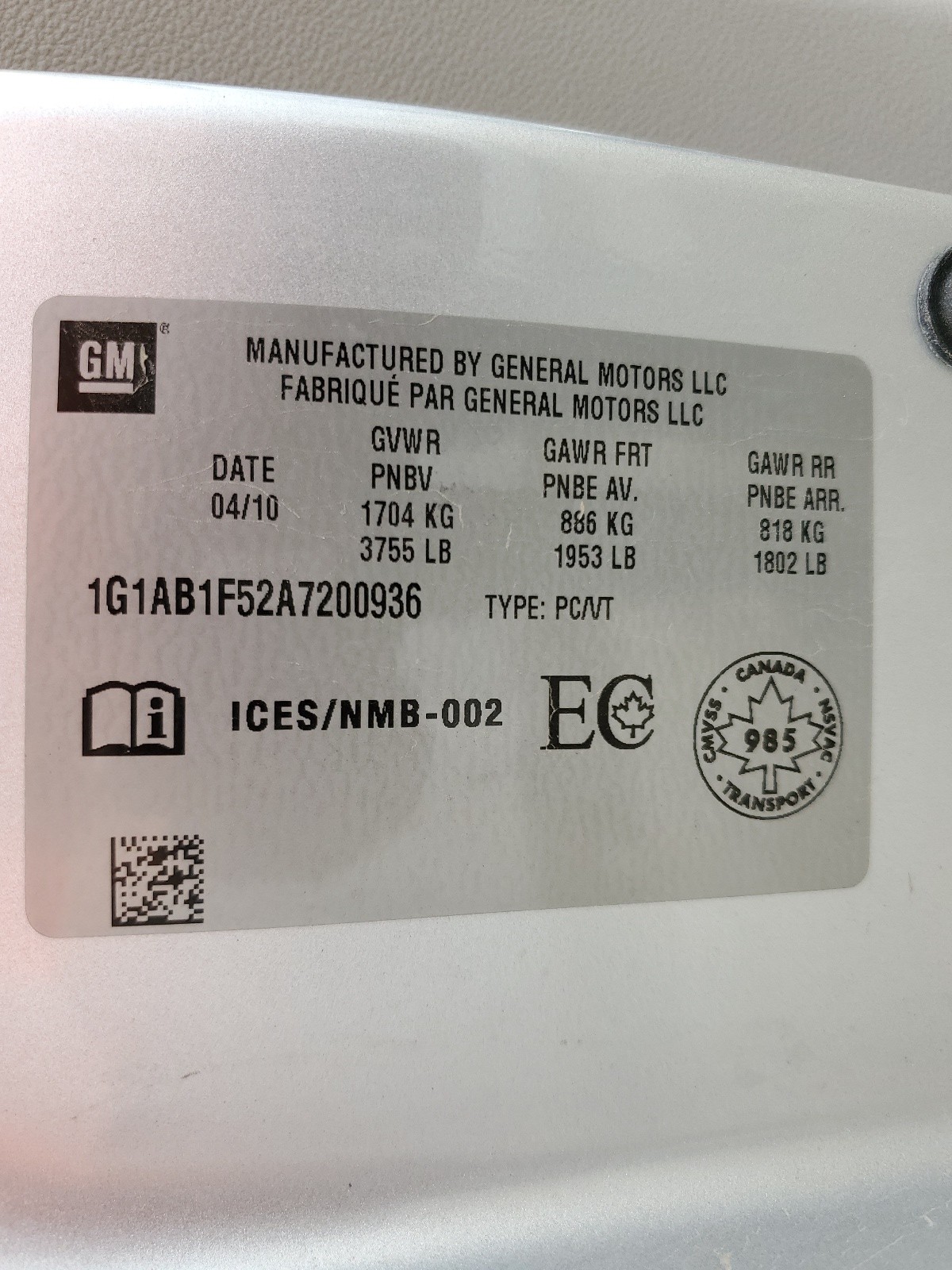 1G1AB1F52A7200936 2010 Chevrolet Cobalt Ls