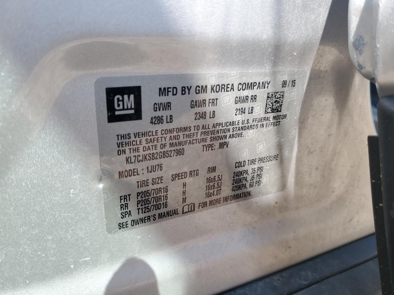 2016 Chevrolet Trax Ls VIN: KL7CJKSB2GB527960 Lot: 63127994