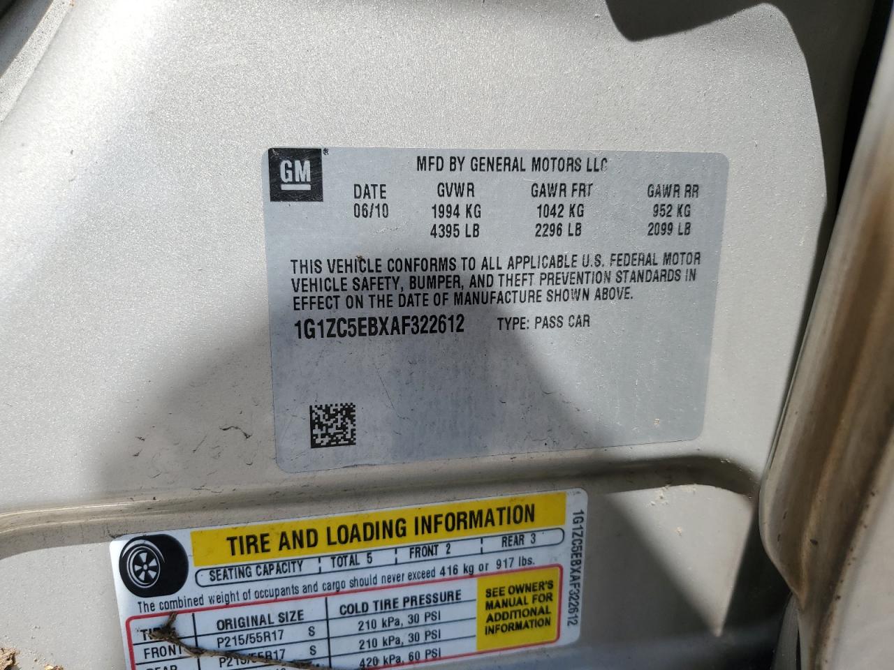 2010 Chevrolet Malibu 1Lt VIN: 1G1ZC5EBXAF322612 Lot: 62661274