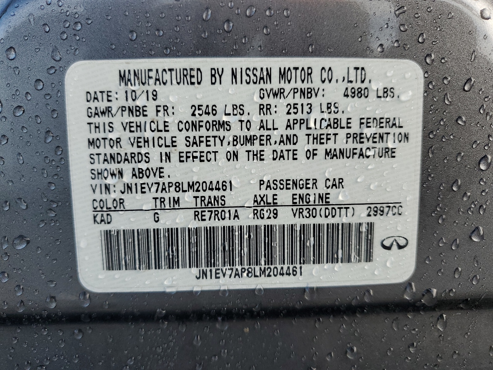 JN1EV7AP8LM204461 2020 Infiniti Q50 Pure