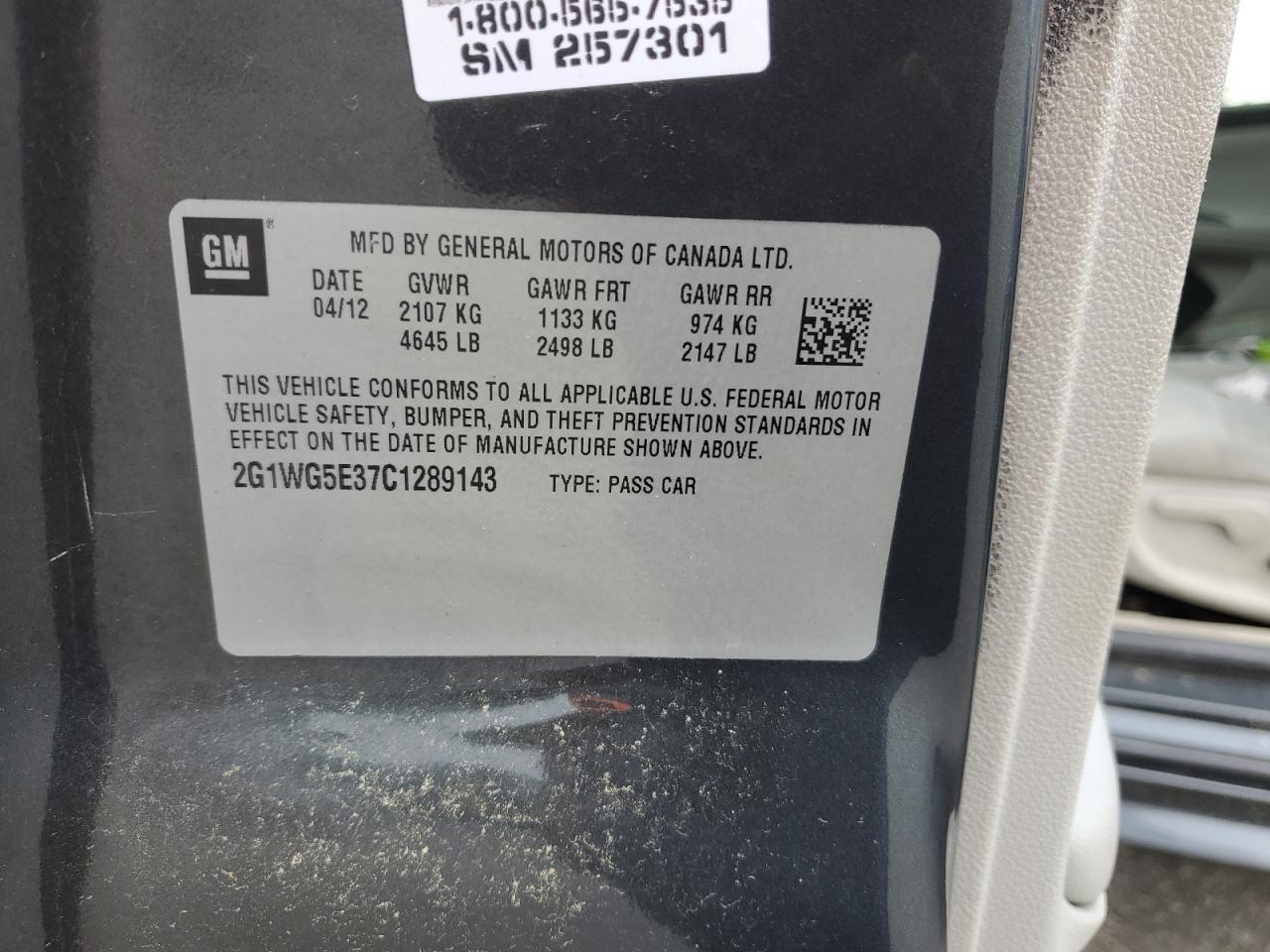 2012 Chevrolet Impala Lt VIN: 2G1WG5E37C1289143 Lot: 63416784