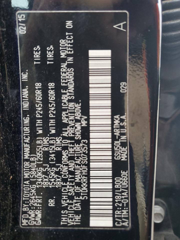 2015 Toyota Highlander Xle VIN: 5TDKKRFH0FS073573 Lot: 62355534