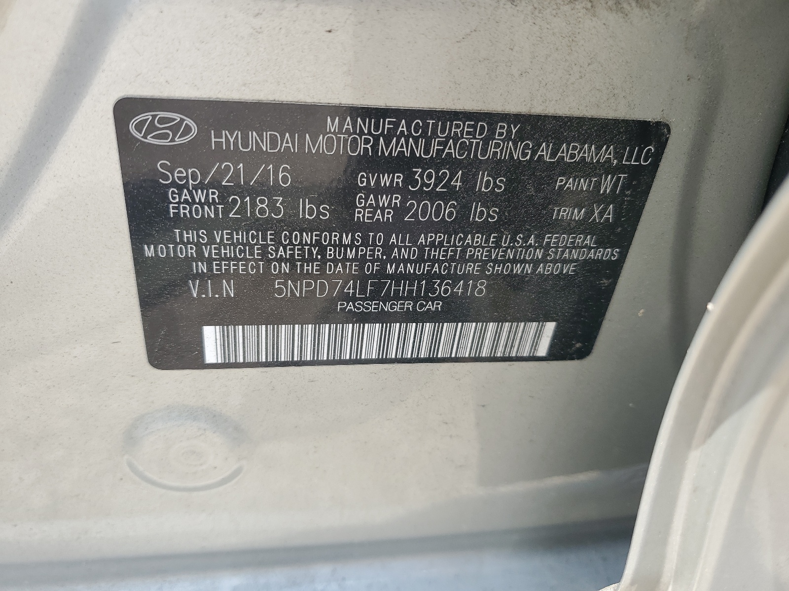 5NPD74LF7HH136418 2017 Hyundai Elantra Se