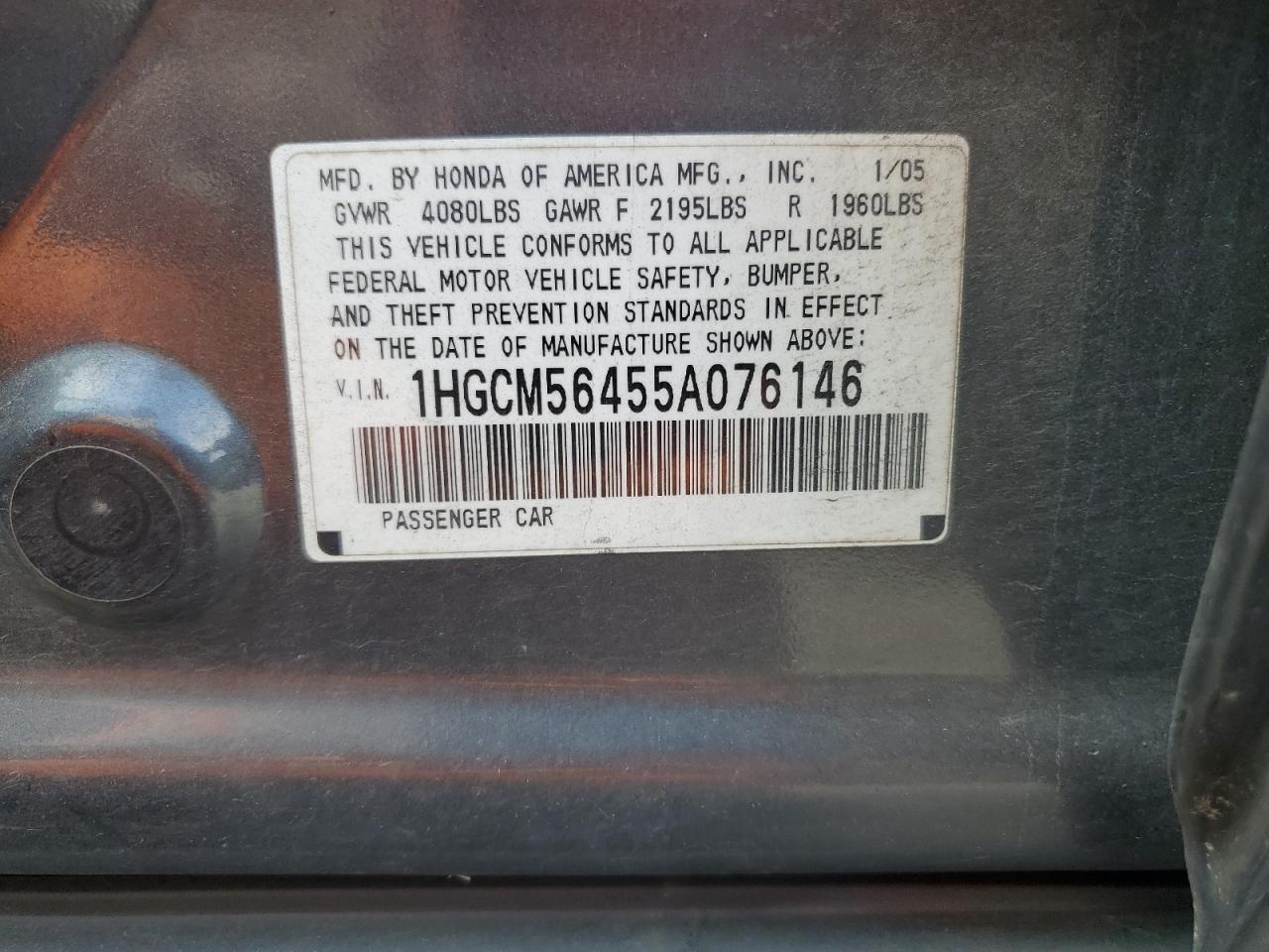 2005 Honda Accord Lx VIN: 1HGCM56455A076146 Lot: 63319664