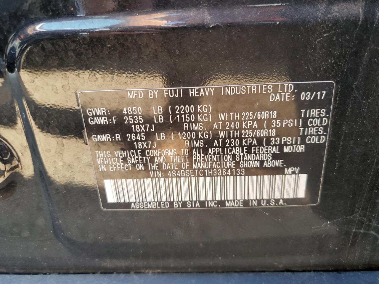 2017 Subaru Outback Touring VIN: 4S4BSETC1H3364133 Lot: 64647534