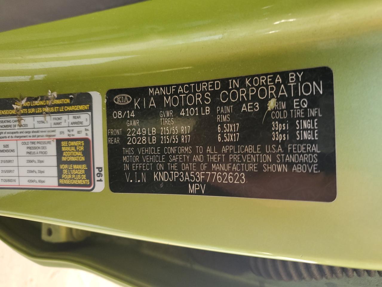 2015 Kia Soul + VIN: KNDJP3A53F7762623 Lot: 62114134