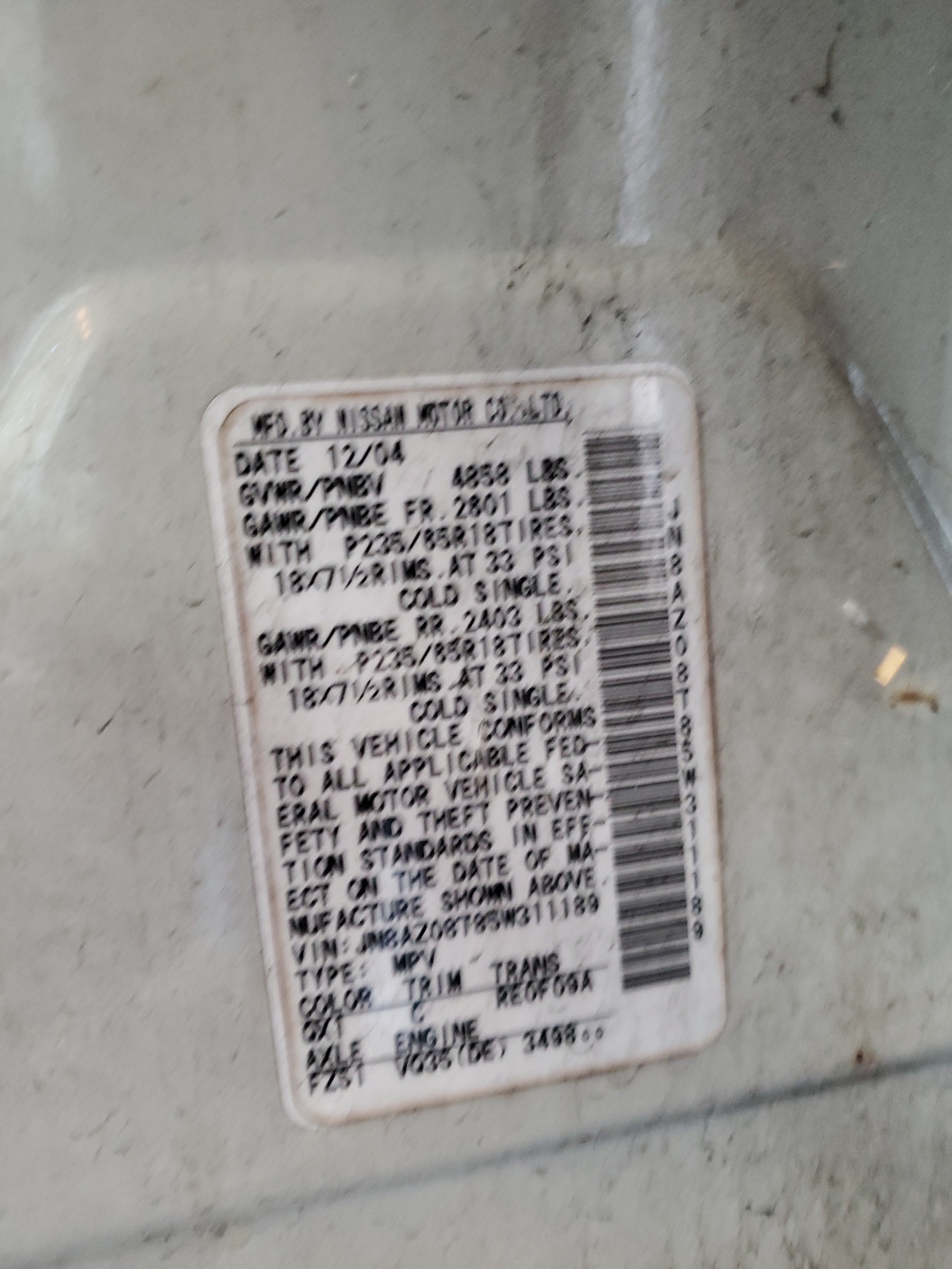 JN8AZ08T85W311189 2005 Nissan Murano Sl