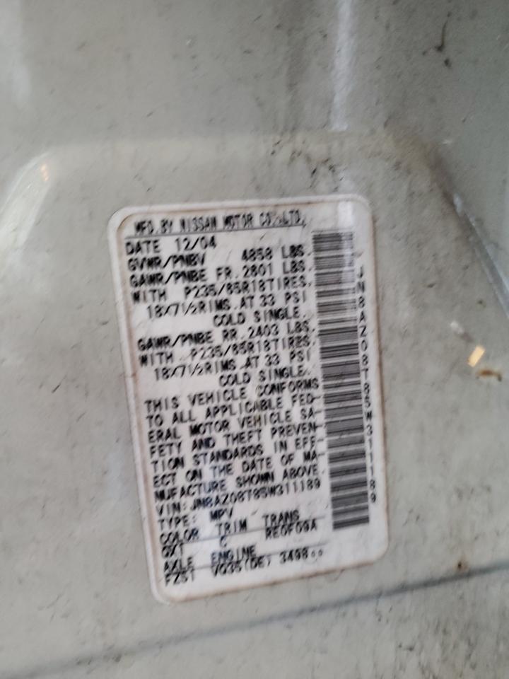 2005 Nissan Murano Sl VIN: JN8AZ08T85W311189 Lot: 63645494