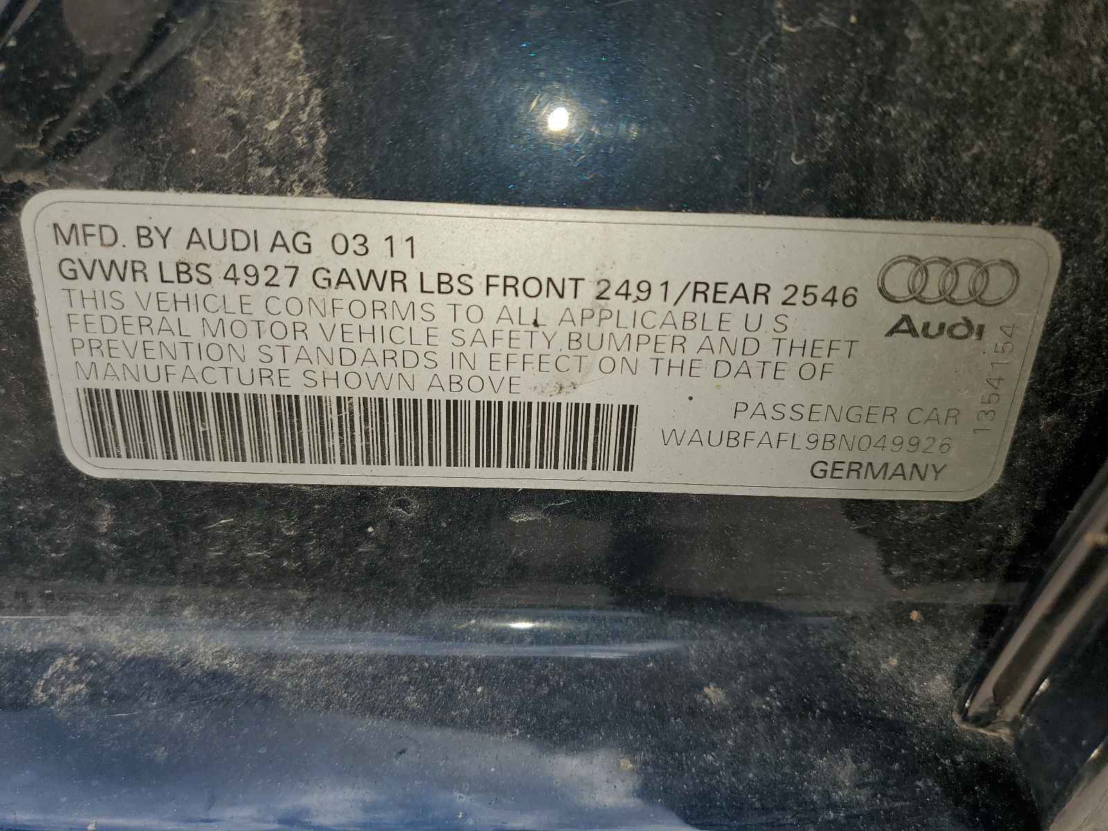WAUBFAFL9BN049926 2011 Audi A4 Premium