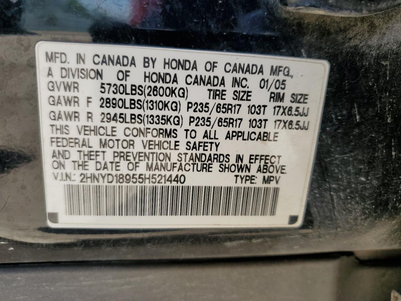 2005 Acura Mdx Touring VIN: 2HNYD18955H521440 Lot: 61421414