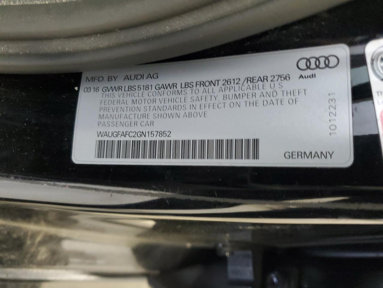 2016 Audi A6 Premium Plus VIN: WAUGFAFC2GN157852 Lot: 61723434