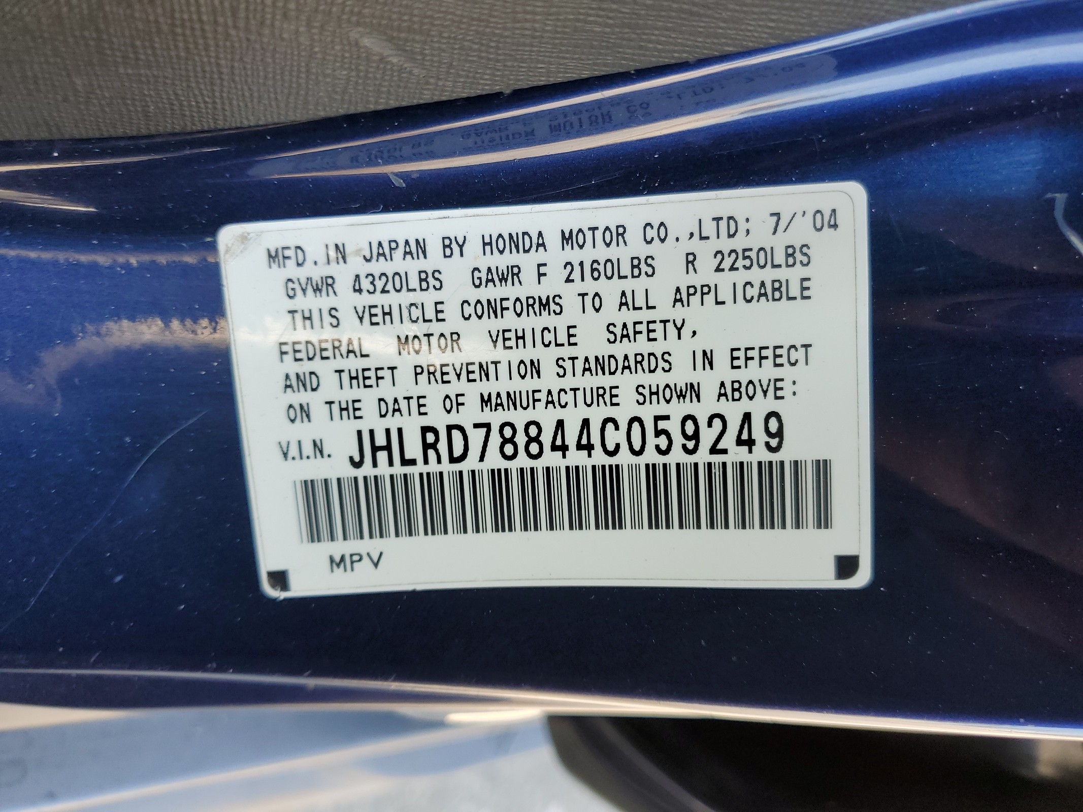 JHLRD78844C059249 2004 Honda Cr-V Ex