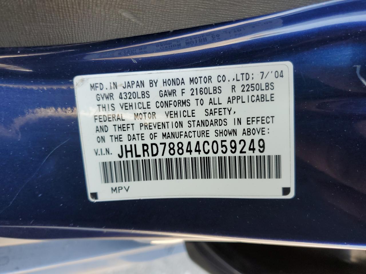 2004 Honda Cr-V Ex VIN: JHLRD78844C059249 Lot: 64644554