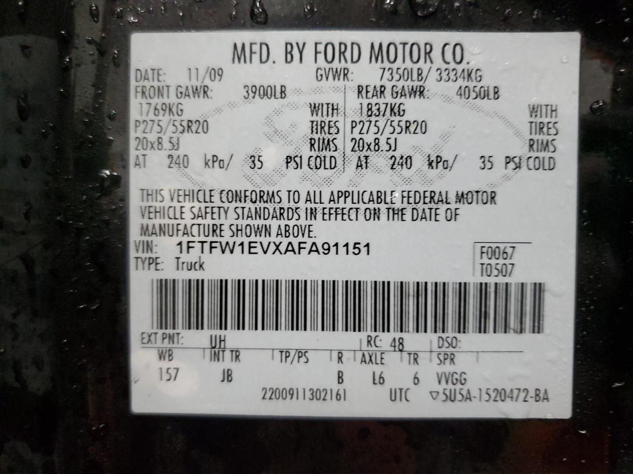 2010 Ford F150 Supercrew VIN: 1FTFW1EVXAFA91151 Lot: 62917934